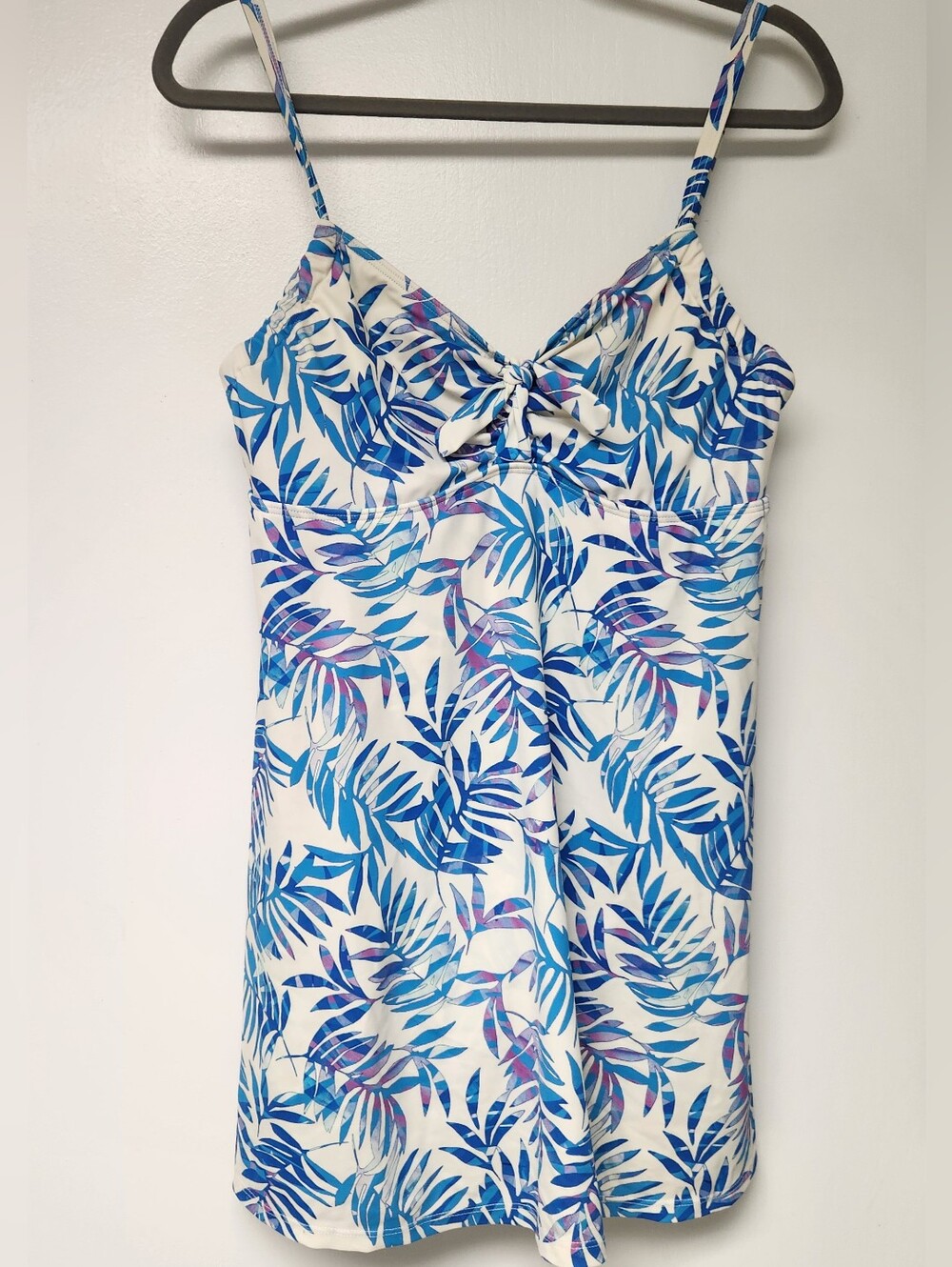 White Swim Dress with Blue Tropical Leaf Print